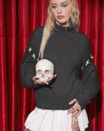 Dark loose pullover sweater with gothic aesthetic skull embroidery.