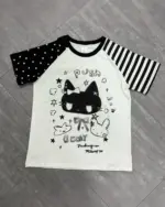 Cute black & white tee with goth punk aesthetic design: stars, stripes, cat, and 'Push Becky' text.