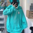 Turquoise Zipper Hoodie - Harajuku Streetwear word2
