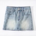 High Waist Denim Skirt - Y2K Denim Skirt, light wash, denim mini skirt with button closure.