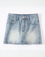 High Waist Denim Skirt - Y2K Denim Skirt, light wash, denim mini skirt with button closure.