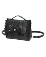 Black Vegan Leather Lolita Jirai Kei bag with ruffles, ribbons, and adjustable strap.