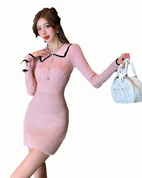 Pink Korean knitted dress featuring long sleeves and a collar detail. Vintage aesthetic style.