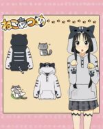 Kawaii Neko Atsume hoodie featuring pickle cat designs on a grey hoodie.