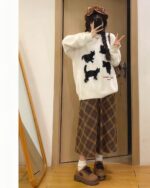 White kitten sweater with embroidered cats, kawaii clothing style.