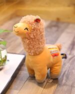 A soft, tan llama plushie with curly fur and colorful ears. This Happy Llama Plushie is a cuddly toy.