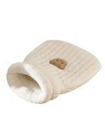 Kawaii cat bed: Beige quilted pocket cat bed with sherpa lining and a plush bear applique.