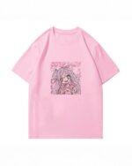 Pink Unidrone oversized t-shirt with a cartoon illustration of a girl.