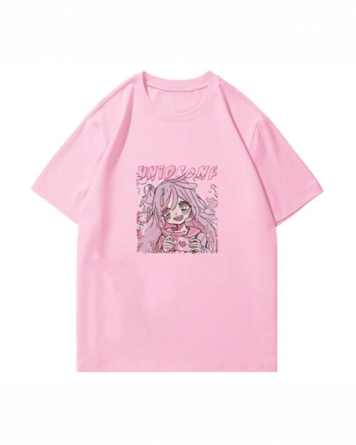 Pink Unidrone oversized t-shirt with a cartoon illustration of a girl.