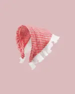 Retro triangle headscarf in red and white gingham with frills.