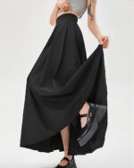 Black long loose summer skirt with a Korean aesthetic, flowing fabric.