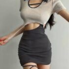 Tied dress - Coquette aesthetic dress featuring a sheer, crop top and ruched mini skirt with thigh-high ties.