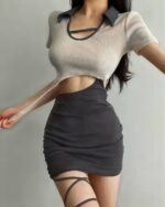 Tied dress - Coquette aesthetic dress featuring a sheer, crop top and ruched mini skirt with thigh-high ties.