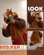 Person wearing kawaii animal pajamas featuring a fox design; fluffy brown fabric, phone included.