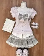 Kawaii bowed outfits - preppy style, featuring a blouse, plaid skirt, and shoes.