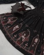 Black gothic lolita dress with coffin prints and accessories.