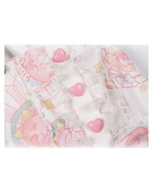 Close-up of an angel kawaii dress featuring pink hearts and lace details.