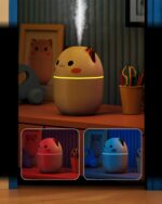 Kawaii cat humidifier emitting mist, featuring colorful LED lights.