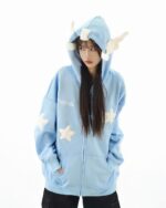 Blue harajuku hoodie with star and ear details, thick feathered design.