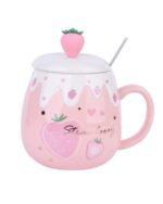 Strawberry ceramic mug with lid and spoon, pink design.
