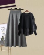 Gray knit sweater and wide-leg skirt, part of a korean aesthetic set.