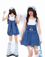 Kawaii denim overalls featuring pockets and straps, Y2K style.