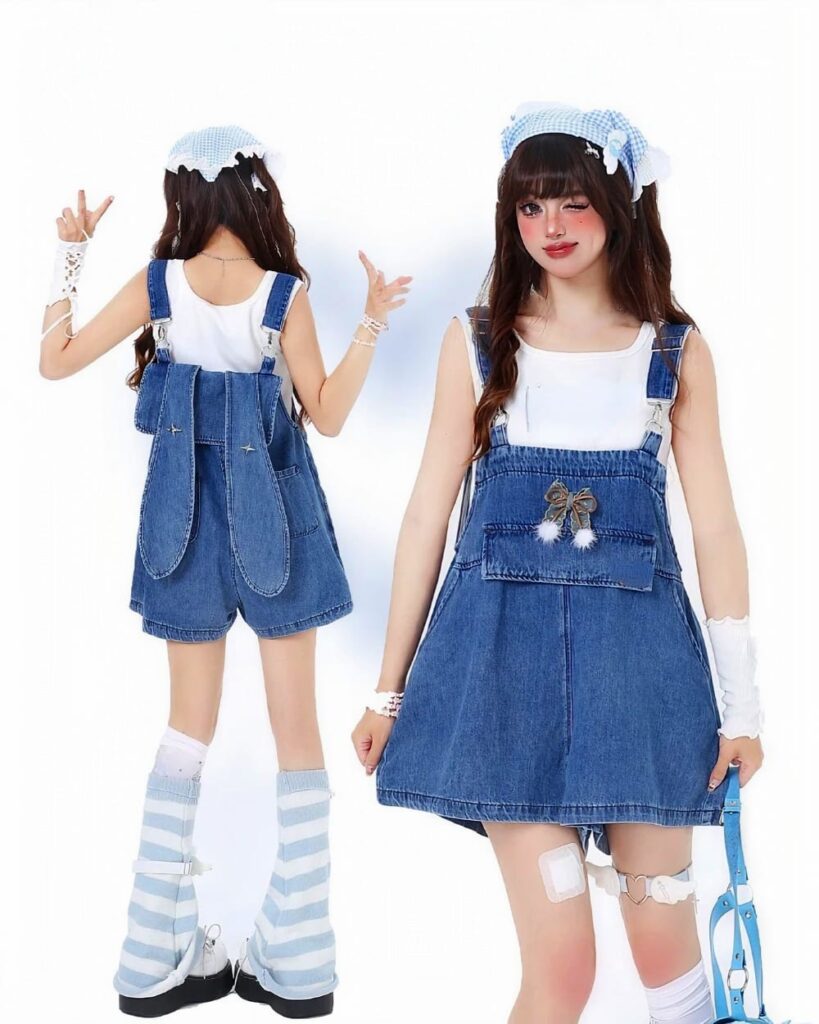 Kawaii denim overalls featuring pockets and straps, Y2K style.