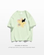 Light green t-shirt featuring a kawaii scaredy-cat t-shirt design.