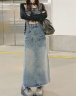 Long denim skirt with pockets, Y2k aesthetic long skirt, blue denim, and platform shoes.