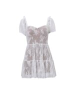 White coquette mesh dress with floral details and puff sleeves. A delicate princess dress.