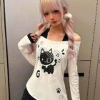 Patched Neko Off-Shoulder T-Shirt - Cutecore Aesthetic word2