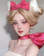 Pink coquette bow choker worn by a model with cat ears and makeup.