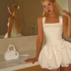 White sleeveless collar dress - Coquette aesthetic dress, featuring a gathered bodice and matching shorts.