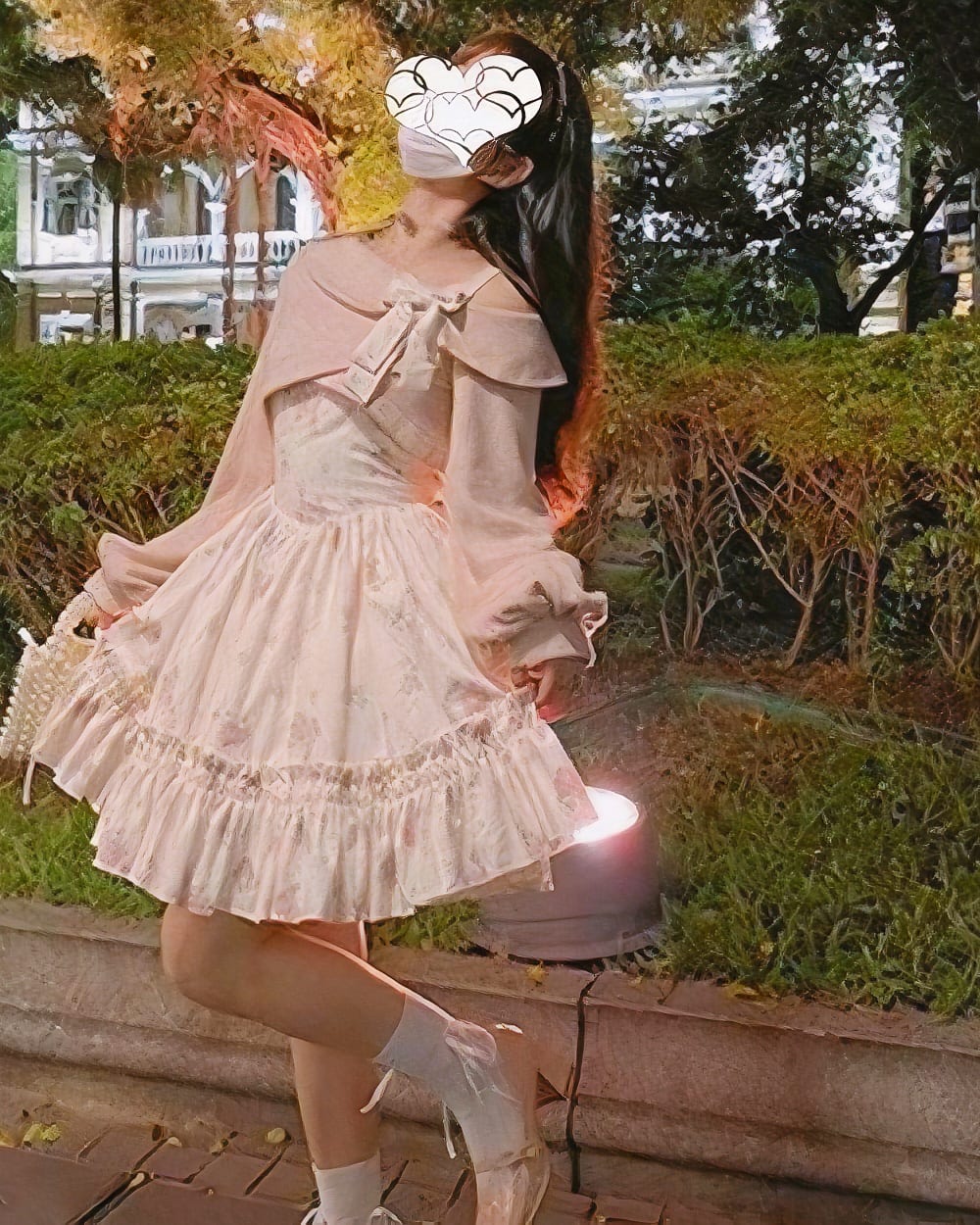 Bow Floral Dress - Soft Girl Aesthetic product photo 1 A pink floral soft girl dress with ruffles, bow, and lace details, worn outdoors.