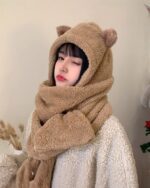 A fluffy bear ear scarf set featuring a warm scarf and gloves, perfect for winter.