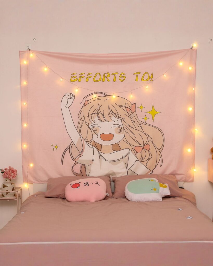 Anime wall tapestry featuring a cartoon girl illustration, hung on a bedroom wall with fairy lights.