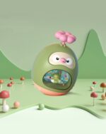 Kawaii bath toy: Cute little chicken submarine bathtub toy on a green background with mushrooms.