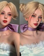 Oversize bow choker in lilac satin with fluffy trim, coquette aesthetic style.