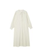 Cream-colored korean style dress, long sleeve, with a tie neck detail.