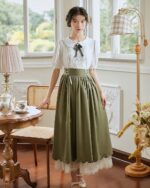 Retro Style Dress - Cottagecore Aesthetic, featuring a blouse and skirt with lace details.