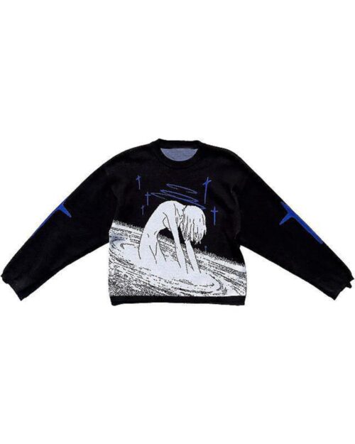 Black anime aesthetic sweater featuring a graphic of Eva from "The End of Eva" wading in water.