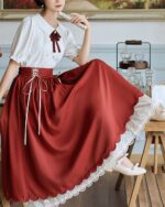 Retro Style Dress - Cottagecore aesthetic dress featuring a red skirt and white blouse.
