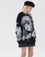 Black Harajuku sweater featuring an anime illustration print. Animecore sweater.