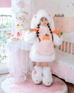 Child wearing an Easter bunny costume with carrot accessories.