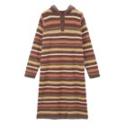 Long vintage aesthetic dress in brown and beige striped knit with a hooded design.