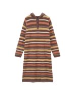 Long vintage aesthetic dress in brown and beige striped knit with a hooded design.