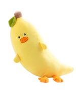Yellow kawaii food plushie, a smiling banana character with orange beak and feet.