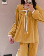 Yellow korean aesthetic pajamas set with milk silk fabric and a drawstring closure.