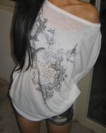 White Korean off shoulder t-shirt with a detailed, vintage-style print on the back.