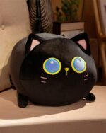Kawaii chonky cat plushie, black soft pillow toy with blue eyes and pink accents.